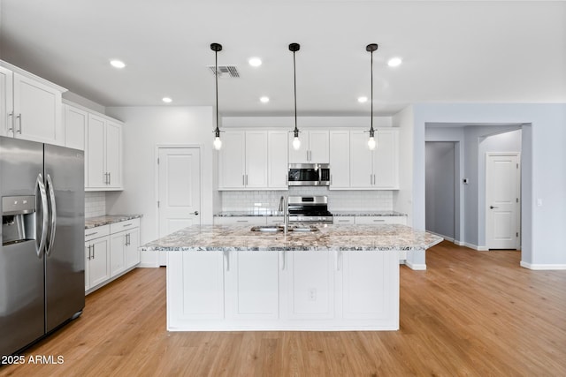 kitchen with visible vents, white cabinets, a sink, light wood-type flooring, and stainless steel appliances