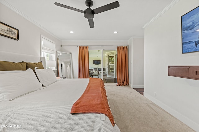 carpeted bedroom with ceiling fan, access to outside, and ornamental molding