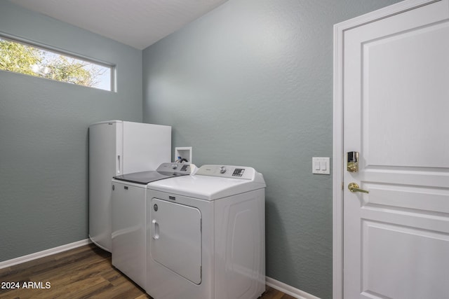 clothes washing area with dark wood-type flooring and washing machine and clothes dryer