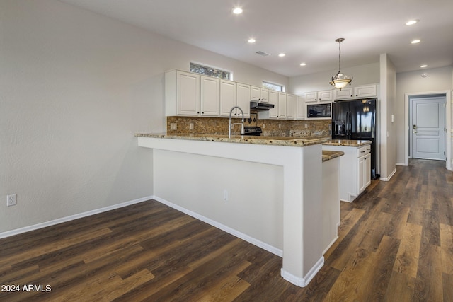 kitchen featuring black appliances, decorative light fixtures, white cabinets, and kitchen peninsula