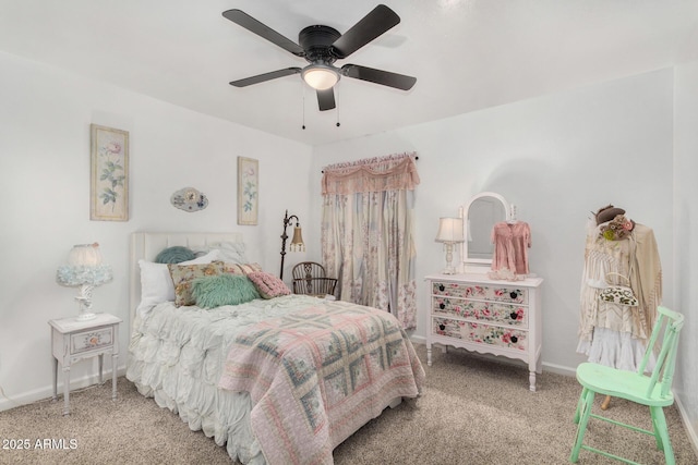 bedroom featuring carpet flooring, a ceiling fan, and baseboards