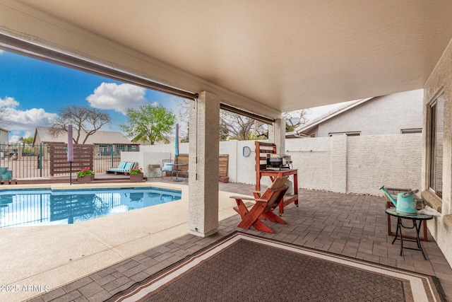 view of pool featuring a patio area, a fenced backyard, and a fenced in pool