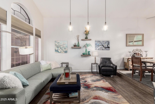 living area featuring baseboards and wood finished floors