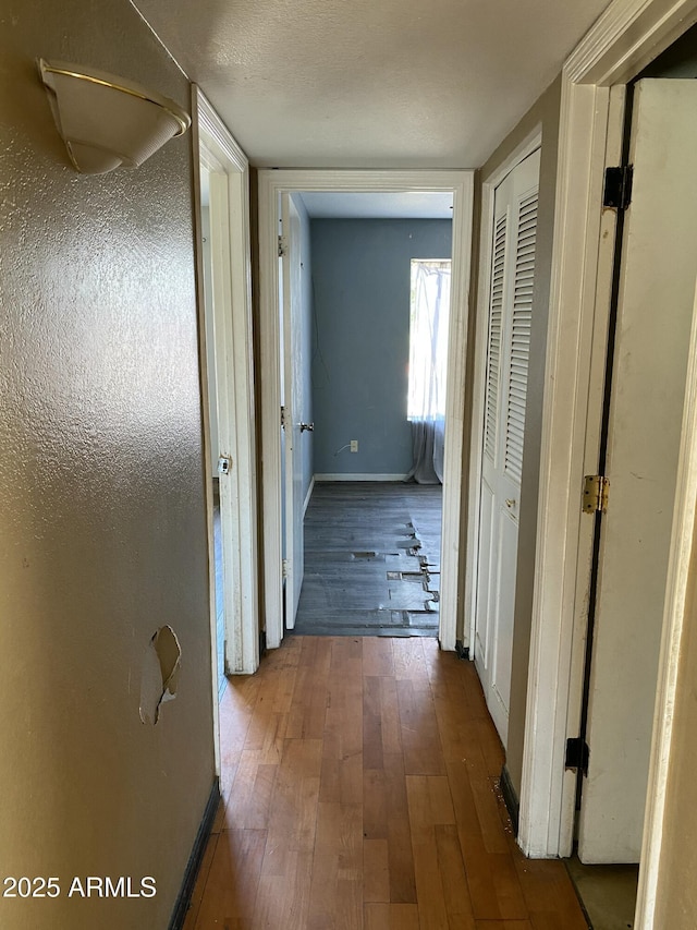 hallway with hardwood / wood-style flooring and baseboards