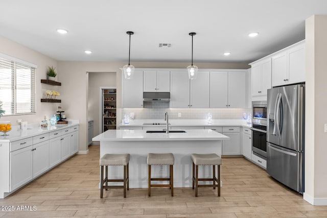 kitchen with under cabinet range hood, light wood-style floors, appliances with stainless steel finishes, and a sink