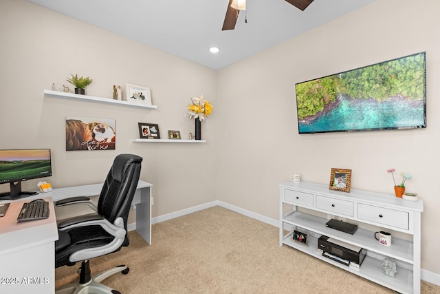 office featuring carpet, a ceiling fan, recessed lighting, and baseboards