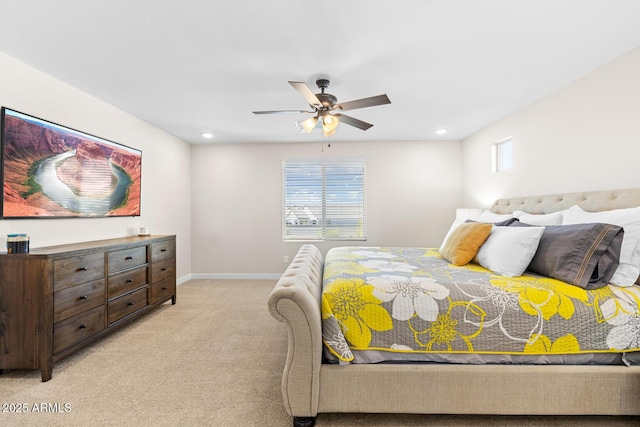 bedroom with light colored carpet, ceiling fan, recessed lighting, and baseboards
