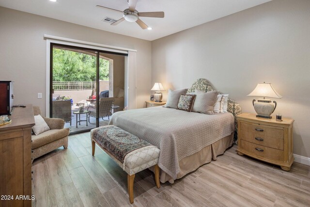bedroom featuring visible vents, access to outside, light wood finished floors, and recessed lighting