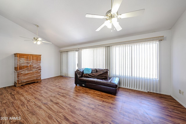 812 E Piute Ave, Phoenix, AZ 85024 - living area featuring a ceiling fan, wood finished floors, and vaulted ceiling