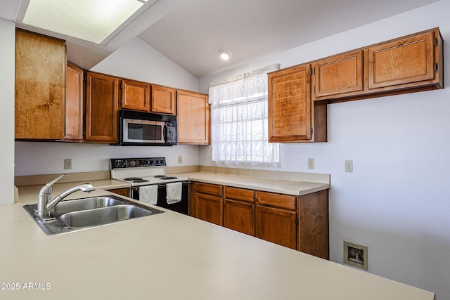 812 E Piute Ave, Phoenix, AZ 85024 - kitchen with white electric stove, stainless steel microwave, a sink, lofted ceiling, and light countertops