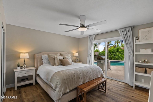 5332 N 81st Pl, Scottsdale, AZ 85250 - bedroom featuring access to exterior, dark wood-style flooring, and ceiling fan