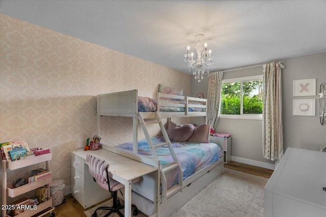 5332 N 81st Pl, Scottsdale, AZ 85250 - bedroom featuring wood finished floors, a chandelier, and wallpapered walls