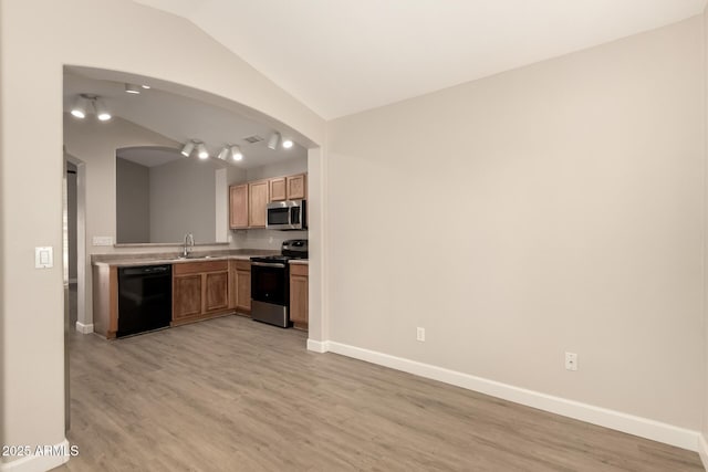10317 E Kiva Cir, Mesa, AZ 85209 - kitchen with arched walkways, a sink, light wood-style floors, stainless steel appliances, and lofted ceiling