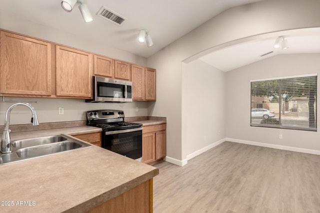 10317 E Kiva Cir, Mesa, AZ 85209 - kitchen featuring light wood-type flooring, vaulted ceiling, visible vents, a sink, and stainless steel appliances