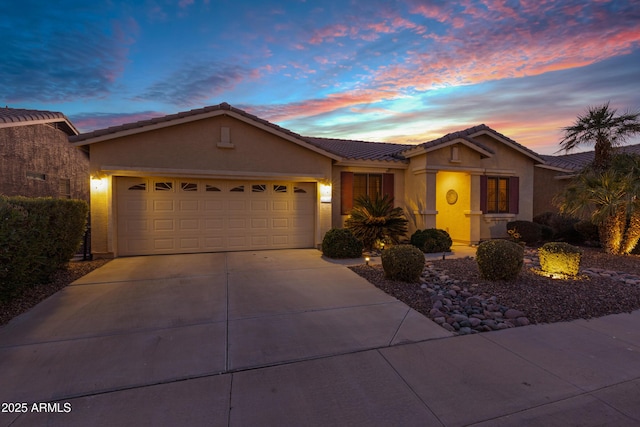 20208 N Oxbow Ln, Maricopa, AZ 85138 - ranch-style home with an attached garage, a tile roof, concrete driveway, and stucco siding