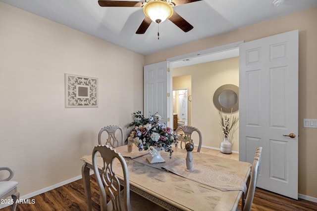 dining area featuring dark wood-type flooring and ceiling fan