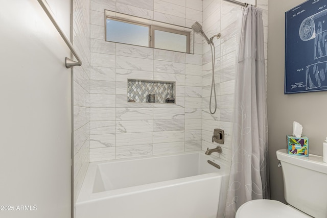 bathroom featuring shower / bathtub combination with curtain and toilet