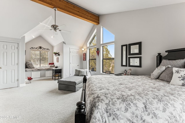 bedroom with multiple closets, carpet flooring, beam ceiling, and multiple windows