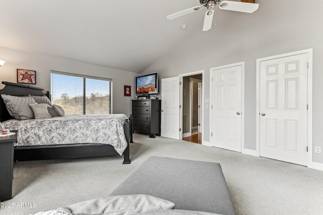 bedroom featuring high vaulted ceiling, ceiling fan, and carpet flooring