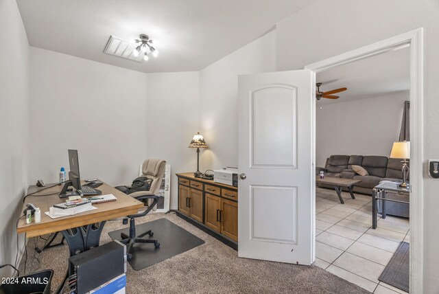 home office with ceiling fan and light tile patterned floors