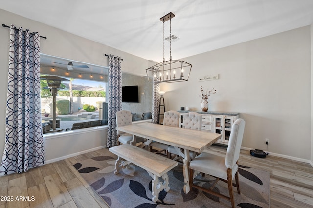 dining room featuring visible vents, baseboards, and wood finished floors