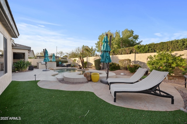 view of yard featuring a patio and a fenced backyard