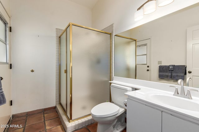 full bath featuring toilet, a stall shower, tile patterned floors, and vanity