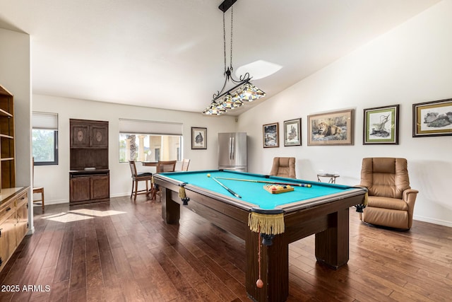 recreation room with billiards, baseboards, vaulted ceiling, and dark wood-type flooring