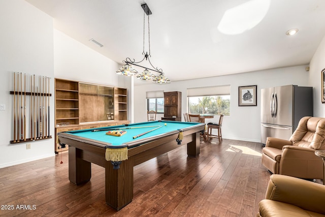 rec room with dark wood finished floors, pool table, visible vents, high vaulted ceiling, and baseboards