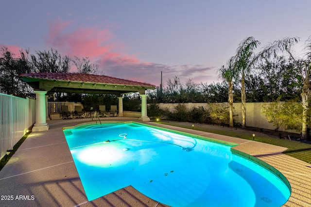 view of pool featuring a gazebo, a patio, and a fenced backyard