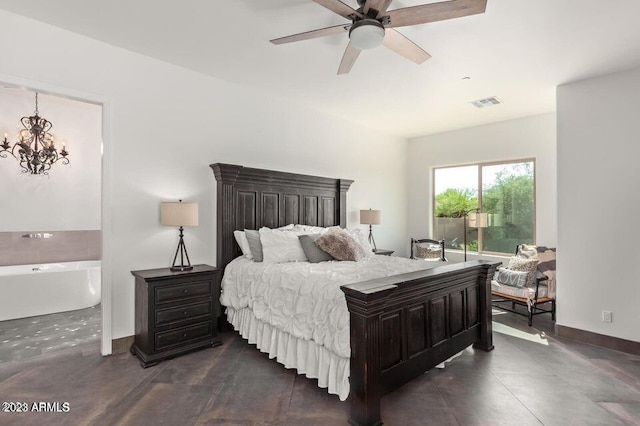 bedroom with ceiling fan with notable chandelier