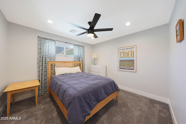 bedroom featuring visible vents, baseboards, ceiling fan, carpet flooring, and recessed lighting