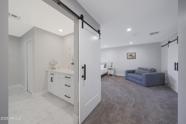 bathroom featuring recessed lighting, visible vents, marble finish floor, and baseboards