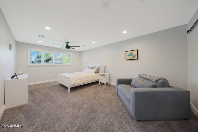 bedroom featuring visible vents, baseboards, a ceiling fan, and carpet floors