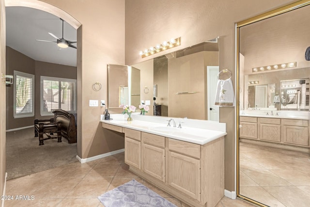 bathroom with vanity, tile patterned floors, and ceiling fan