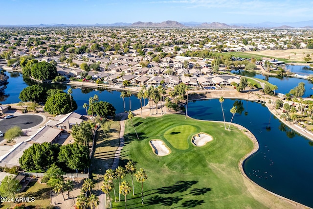 bird's eye view featuring a water and mountain view