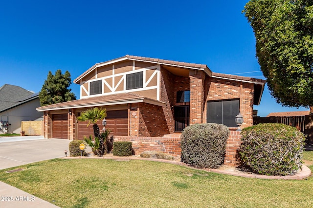 view of front of house with a garage, driveway, brick siding, and a front lawn