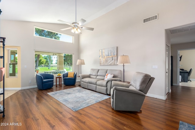 living room featuring dark wood-type flooring, ceiling fan, and high vaulted ceiling