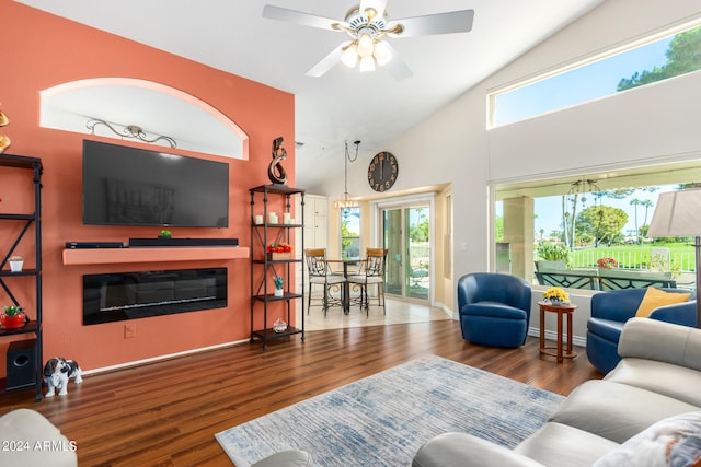 living room with high vaulted ceiling, wood-type flooring, and ceiling fan