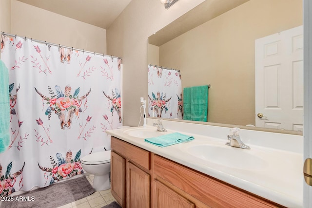 3016 W White Canyon Rd, San Tan Valley, AZ 85144 - bathroom featuring double vanity, tile patterned flooring, and a shower with curtain