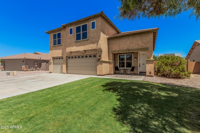 3016 W White Canyon Rd, San Tan Valley, AZ 85144 - view of front facade featuring an attached garage, concrete driveway, stucco siding, a front lawn, and a porch