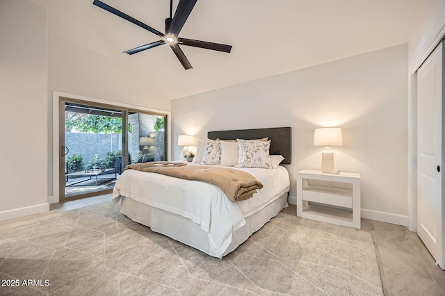 10023 E Sunnyslope Ln, Scottsdale, AZ 85258 - bedroom featuring access to outside, high vaulted ceiling, baseboards, and a ceiling fan