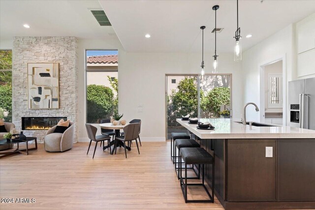 kitchen with a wealth of natural light, a fireplace, light hardwood / wood-style floors, and sink