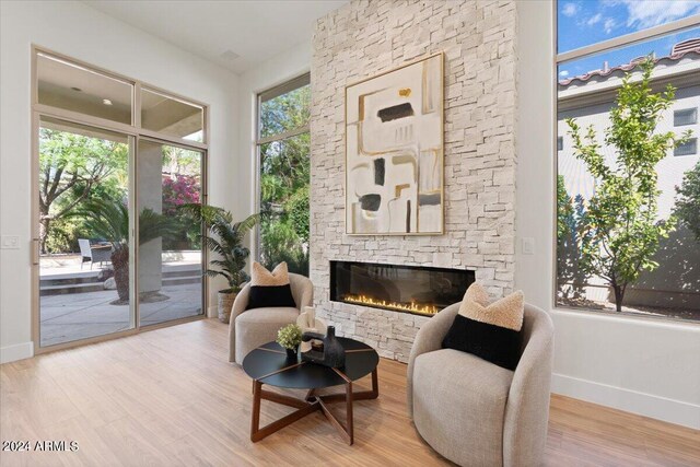 living area featuring light hardwood / wood-style floors and a fireplace