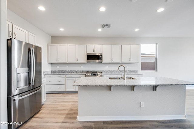 kitchen featuring white cabinetry, visible vents, stainless steel appliances, and a sink