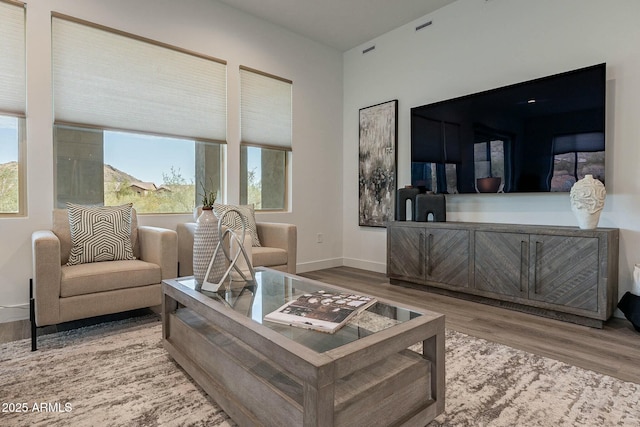 living room featuring a wealth of natural light, baseboards, and wood finished floors