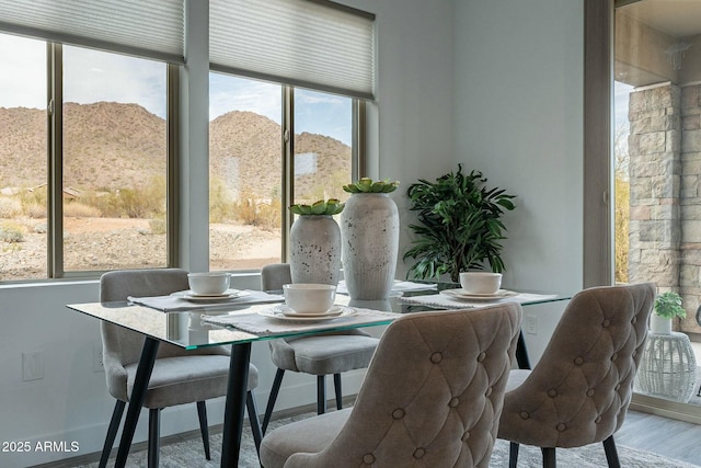 dining space featuring a mountain view and wood finished floors