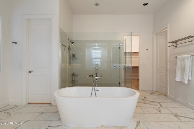 6535 W Gold Mountain Pass, Phoenix, AZ 85083 - full bath featuring marble finish floor, a freestanding tub, baseboards, recessed lighting, and a stall shower