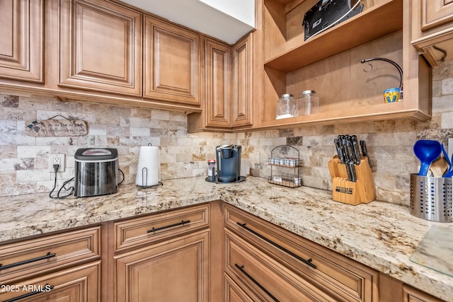 7949 W Pershing Ave, Peoria, AZ 85381 - kitchen with open shelves, decorative backsplash, and light stone counters