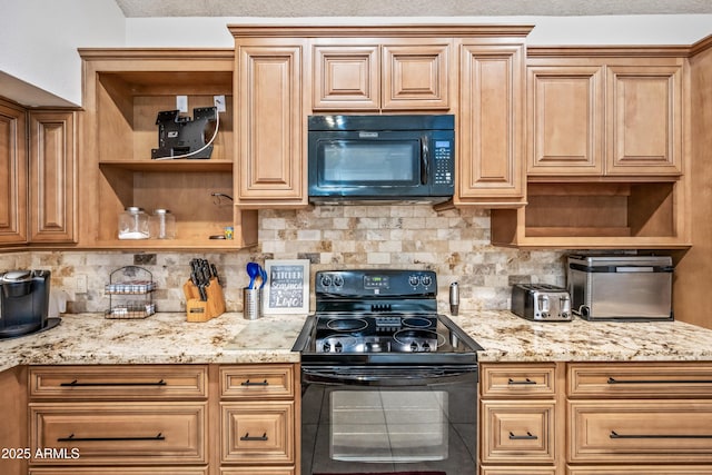 7949 W Pershing Ave, Peoria, AZ 85381 - kitchen with black appliances, open shelves, tasteful backsplash, and light stone countertops